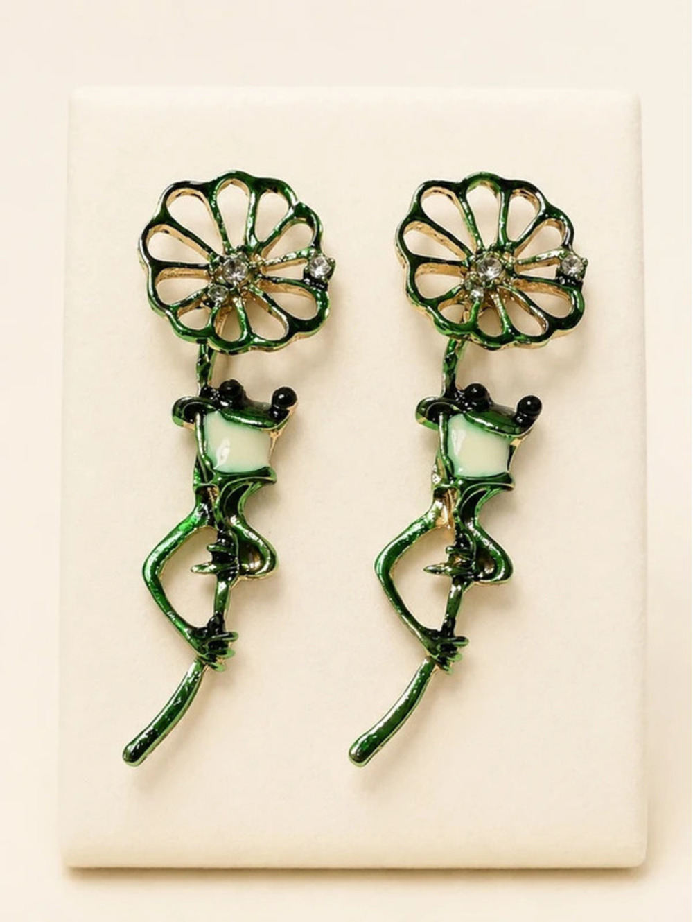 Green Frog Flower Dangle Earrings Whimsical Gift for Her